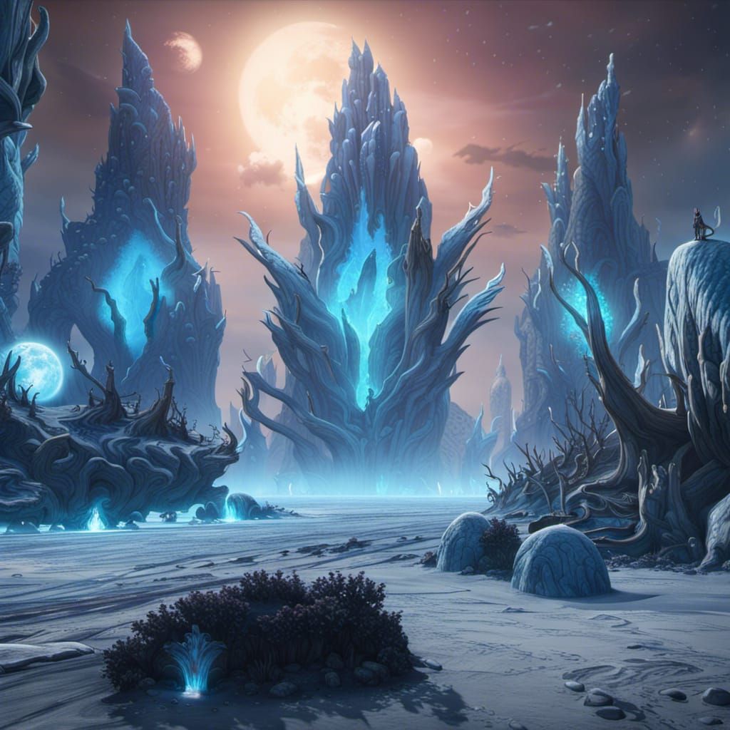Icy Planet with Blue Flames: Fantasy Concept Art