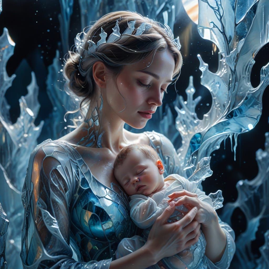 Ice Woman and Child in Stained Glass Style