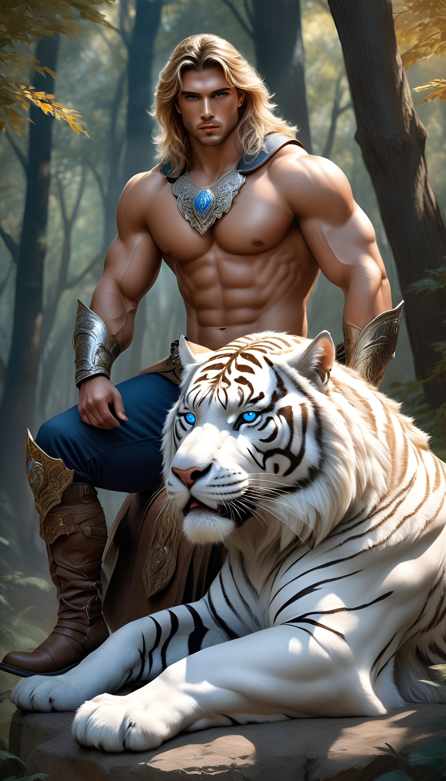 Handsome Greek Warrior on War Tiger in Anime Style
