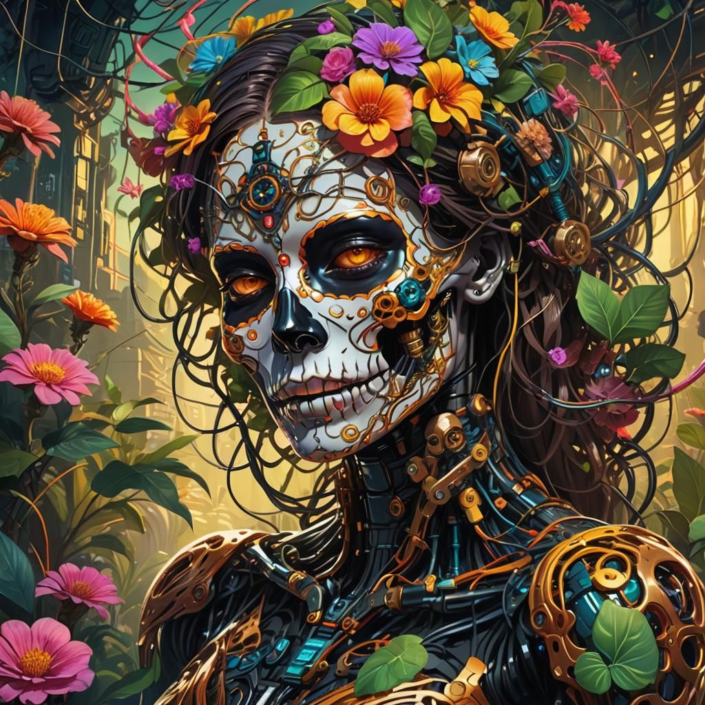 Cybernetic Candy Skull Woman Amidst Lush Flora