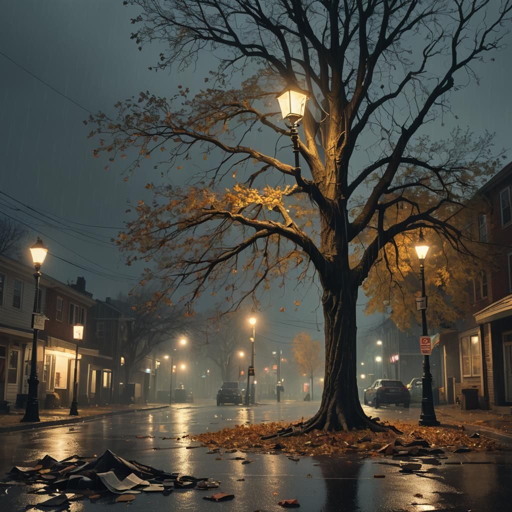 Rainy Night Tree with Newspapers, Digital Matte Painting