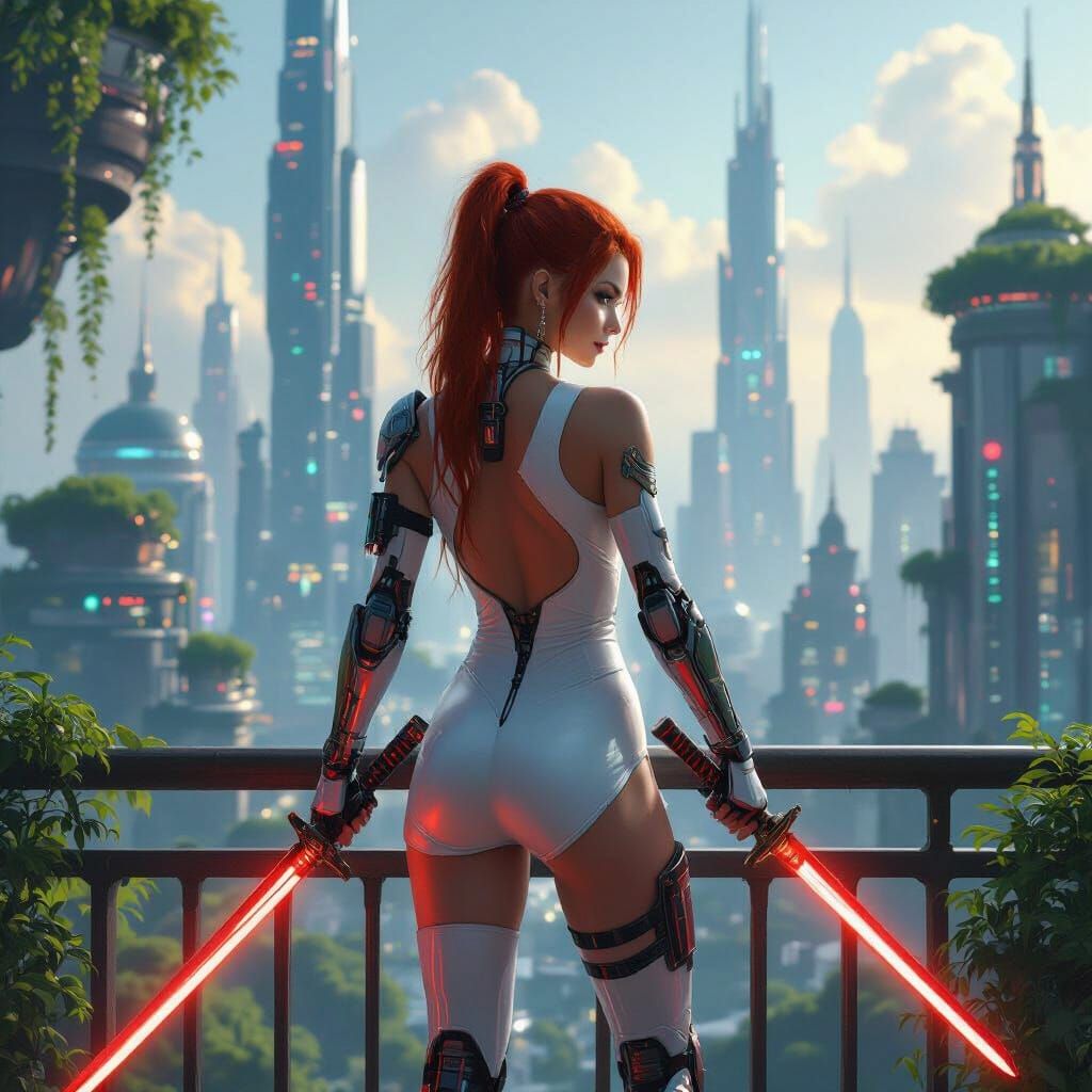 Cyberpunk Warrior Girl with Katanas on Futuristic City Balco...
