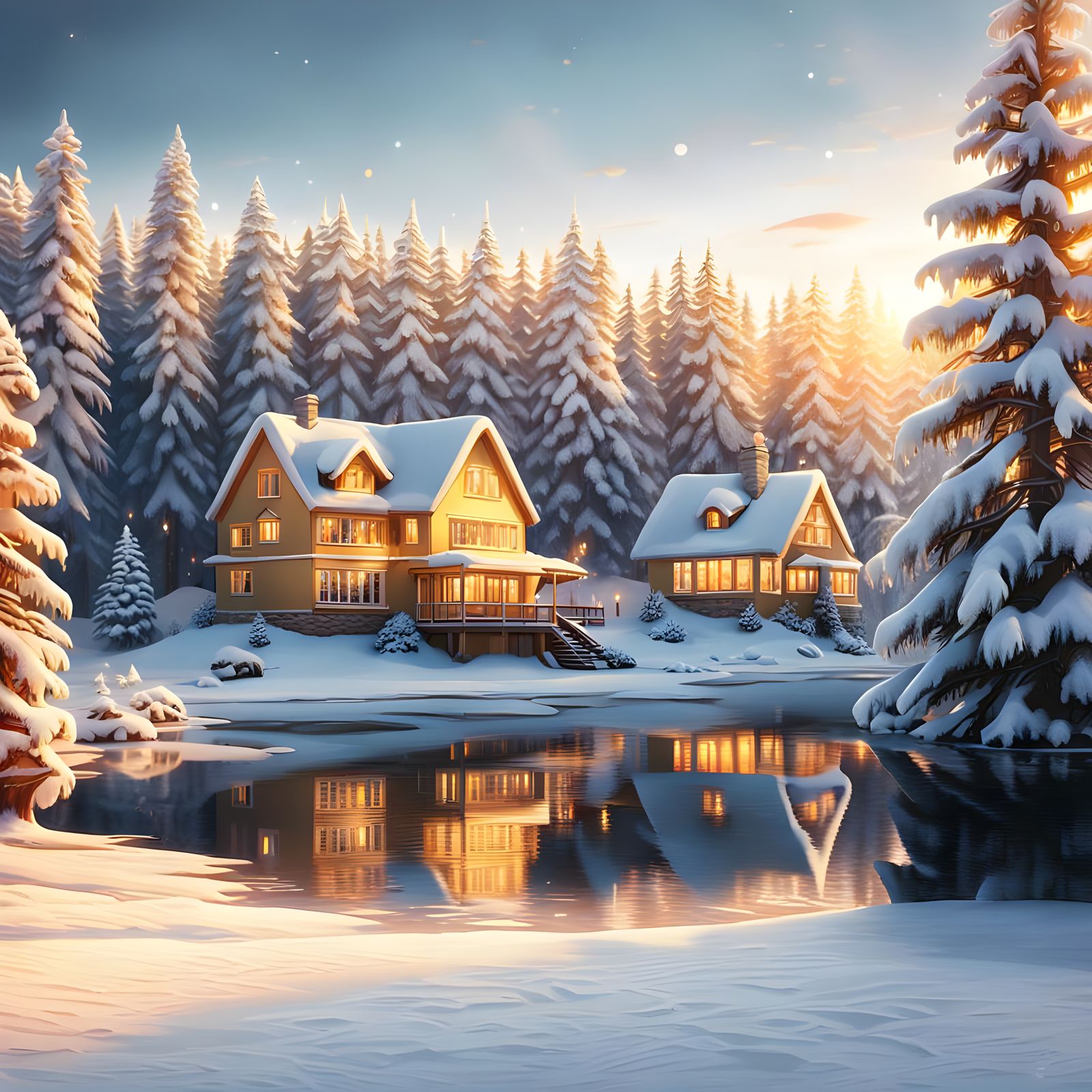 Winter Wonderland Village Illuminated by Golden Hour