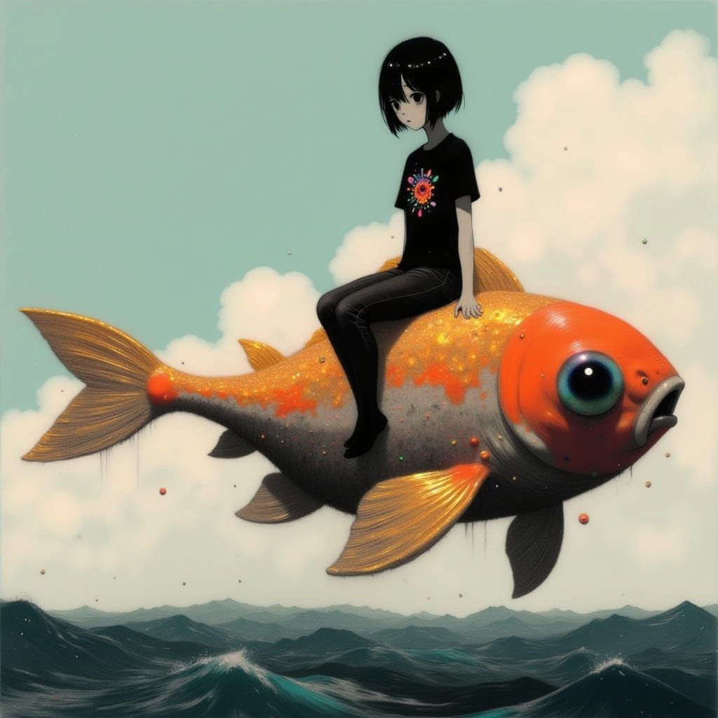 Contemplative Kawaii Fish Rider in Japanese Manga Style