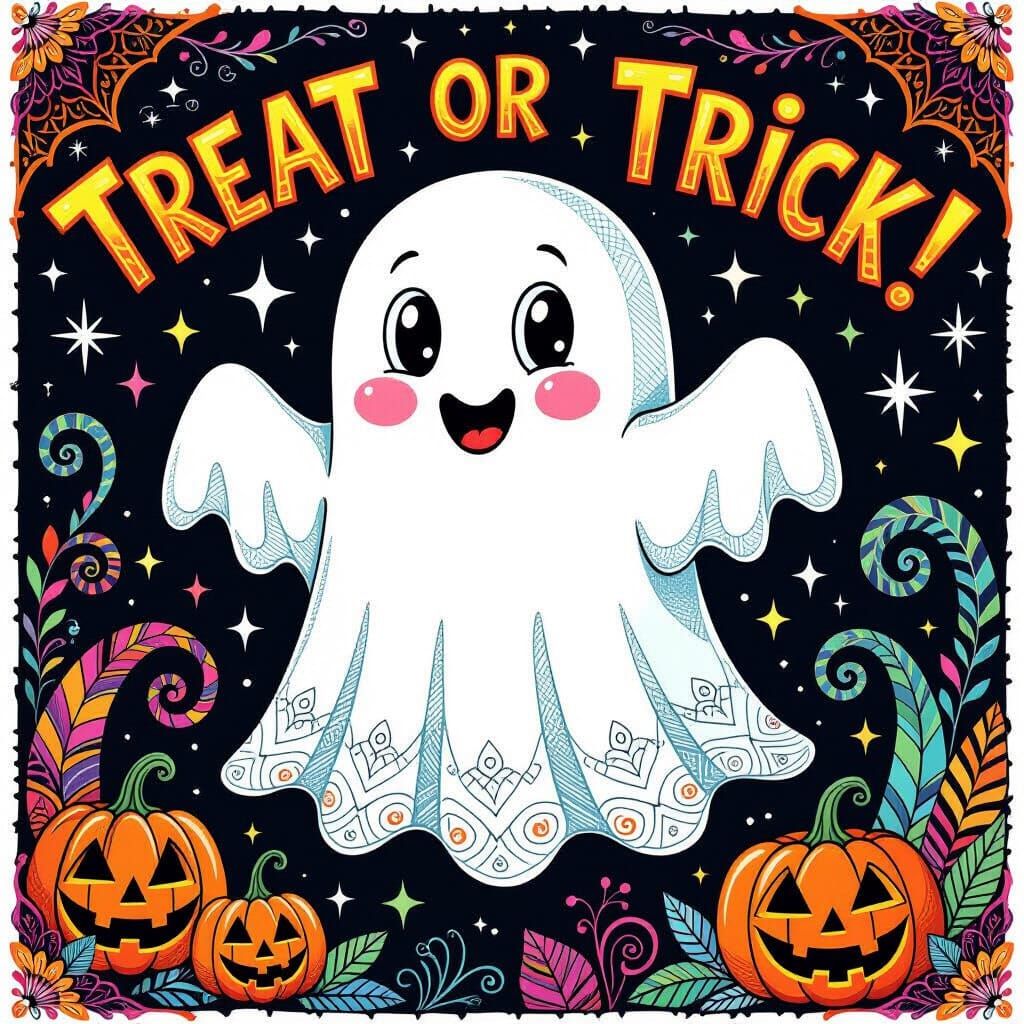 Friendly Zentangle Ghost Illustration with Intricate Pattern...