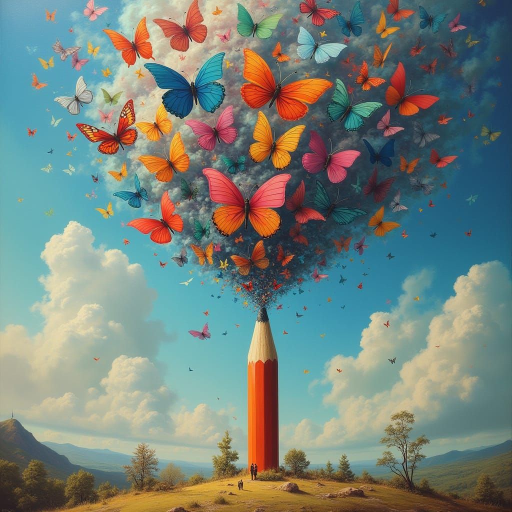 Butterflies Emerge From Giant Pencil in Surreal Landscape
