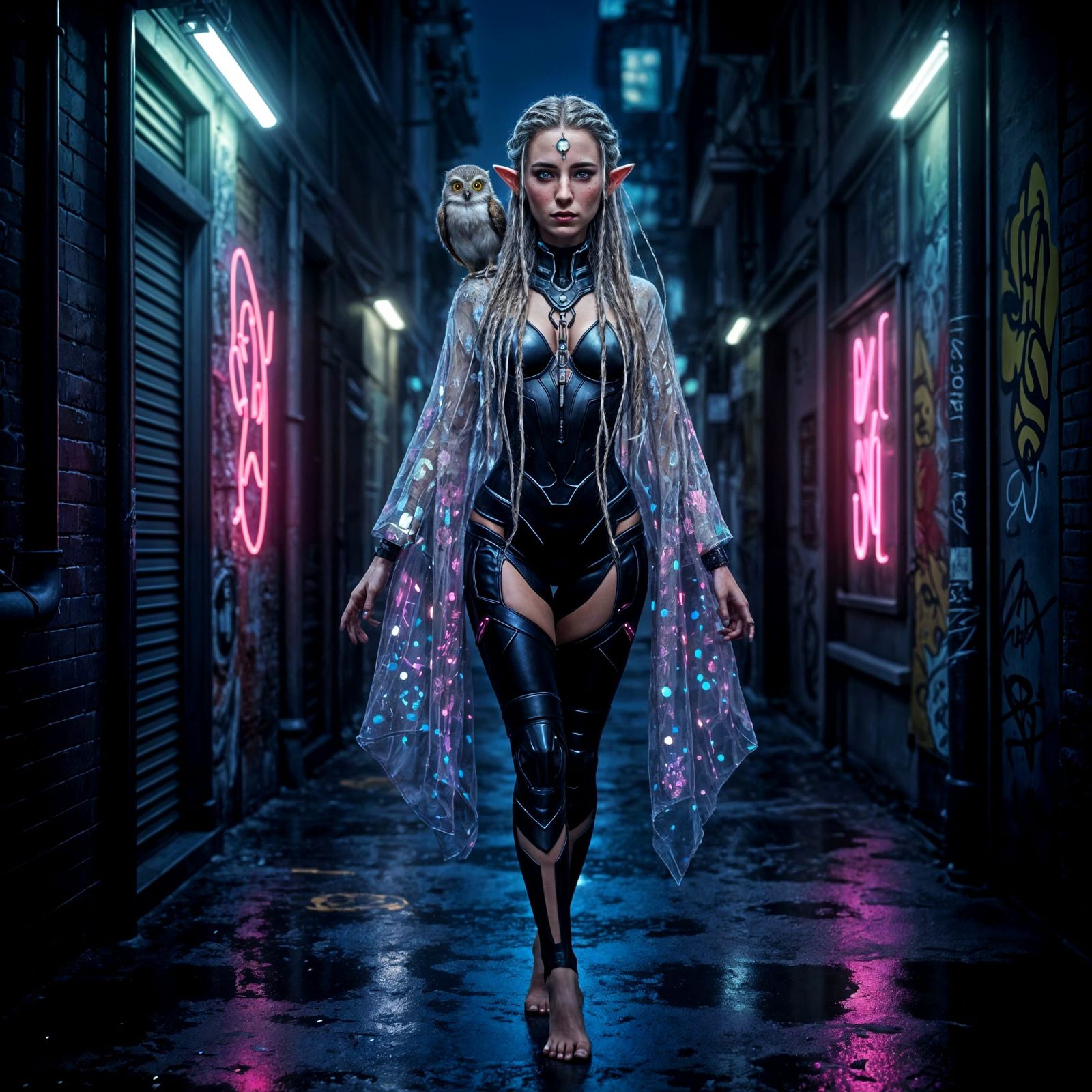 Elven Technomancer in Cyberpunk Alley with Cybernetic Owl