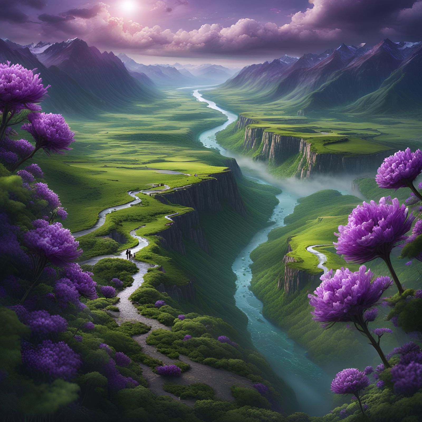Aerial View of Green Valley with Purple Flowers