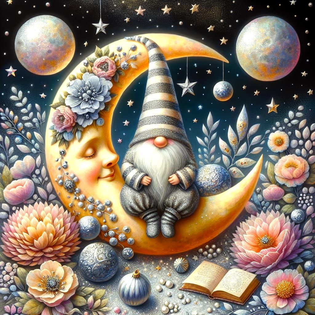 Whimsical Gnome Adorns the Soft Moon in Acrylic-Inspired Art