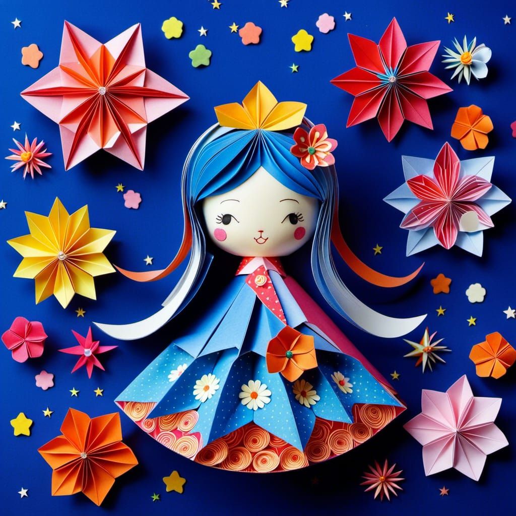 Cute Origami Doll in Starry Blue Setting