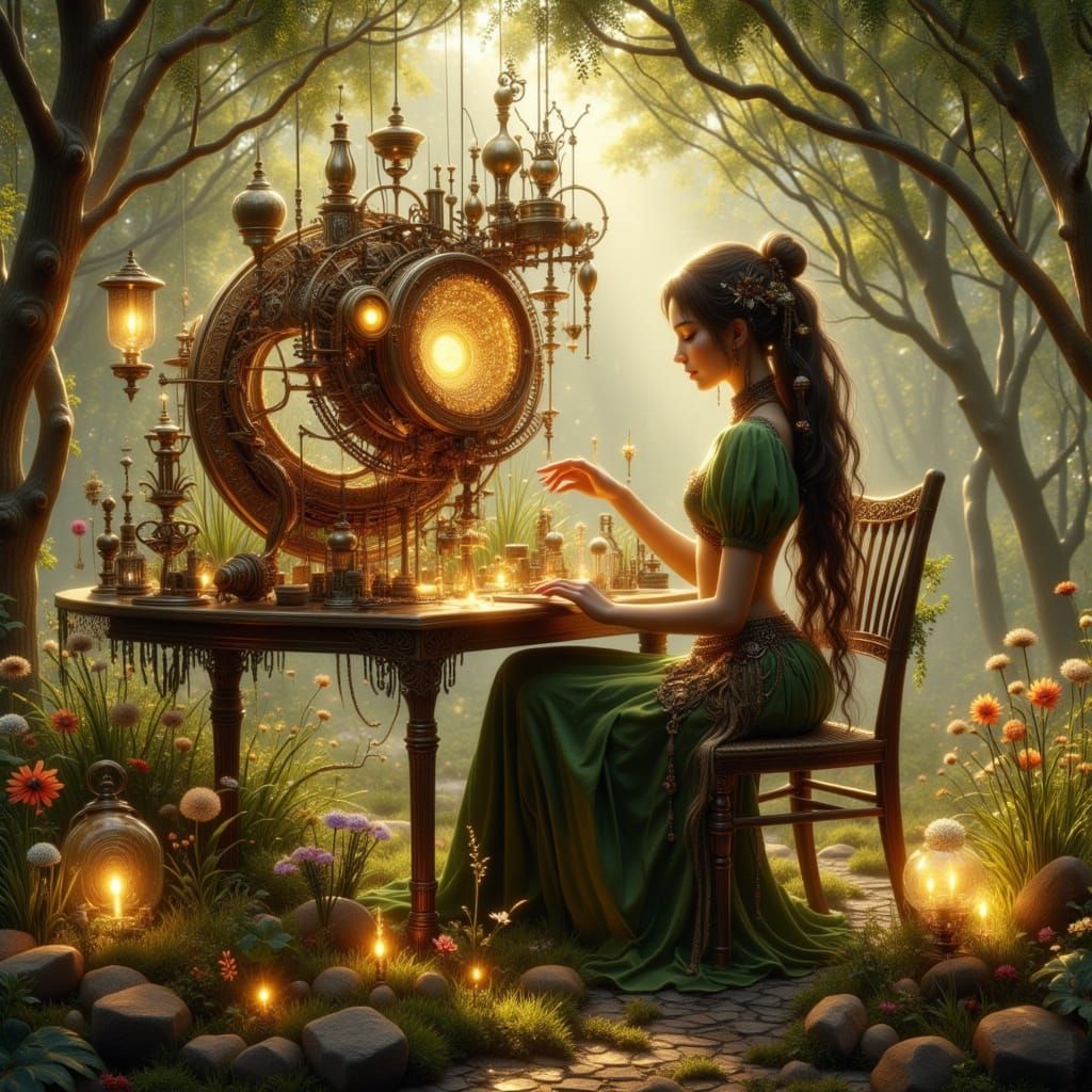 Steampunk Dryad Inventor in Art Nouveau Style