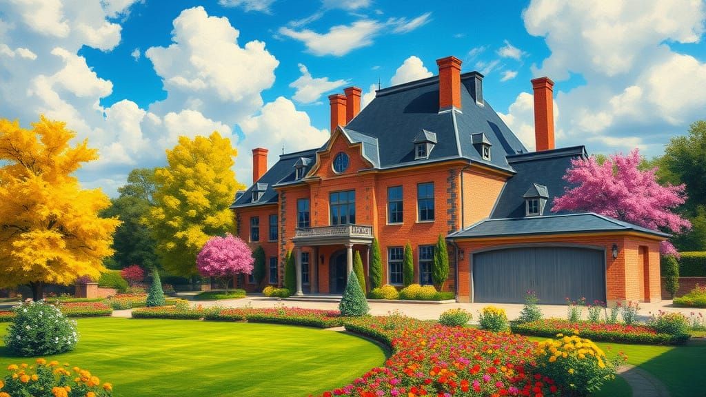 Elegant Brick Chateau Amidst Vibrant Trees