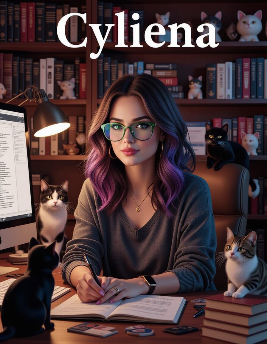 Sci-Fi Writer with Cats in Cozy Nook