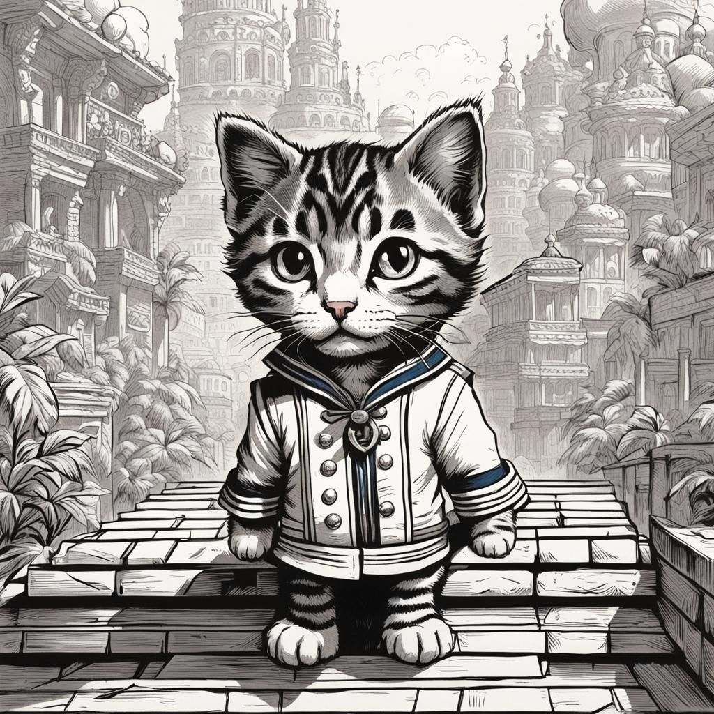 Tabby Kitten Visits Mexico City: Tenniel-Style Drawing