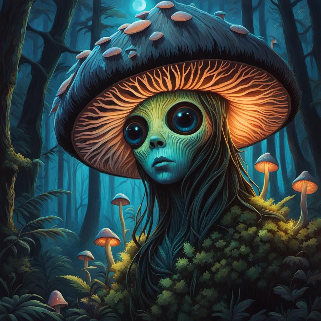 Humanoid Plant Lost in Bioluminescent Forest