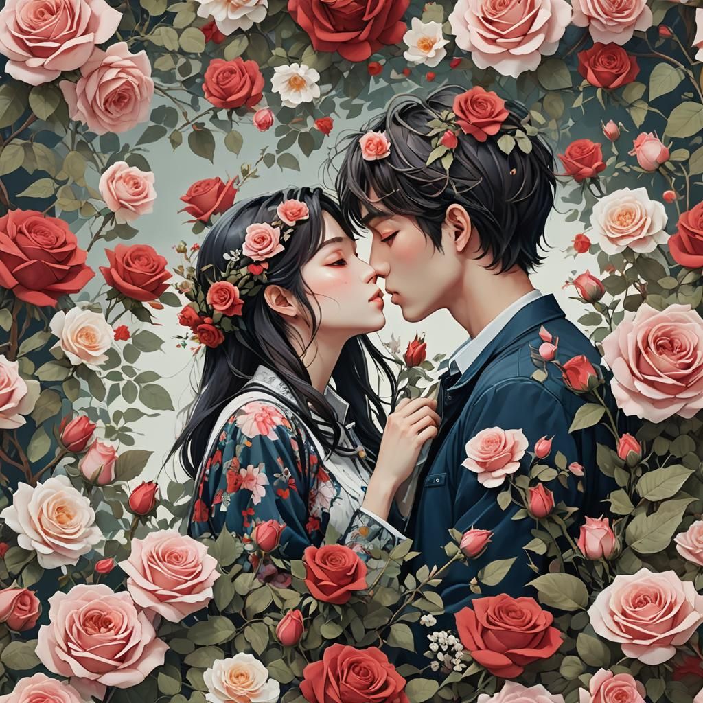 Romantic Kiss Amidst Roses: A Mixed Media Masterpiece