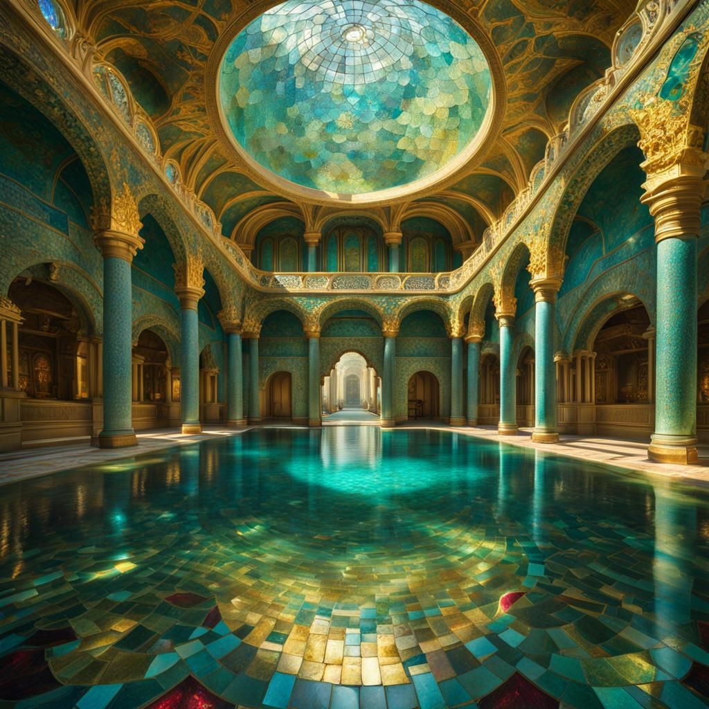 Submerged Atlantis Mosaic with Mermaid in Rococo Style