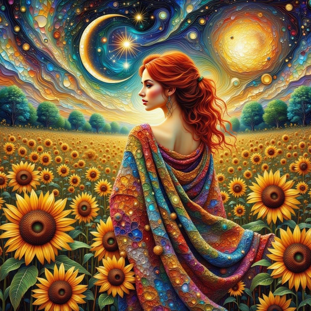 Red-Haired Woman in Sunflower Field, Mixed Media Collage