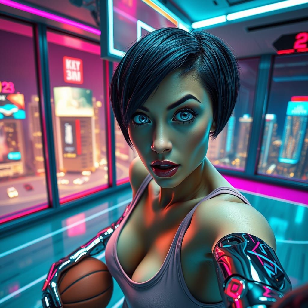 Cyberpunk Woman Dribbling in Neon City Apartment