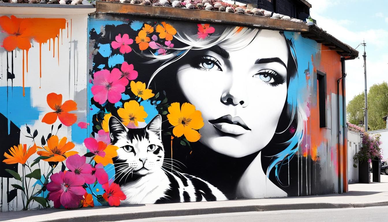 Street Art: Woman and Cat in Black and White