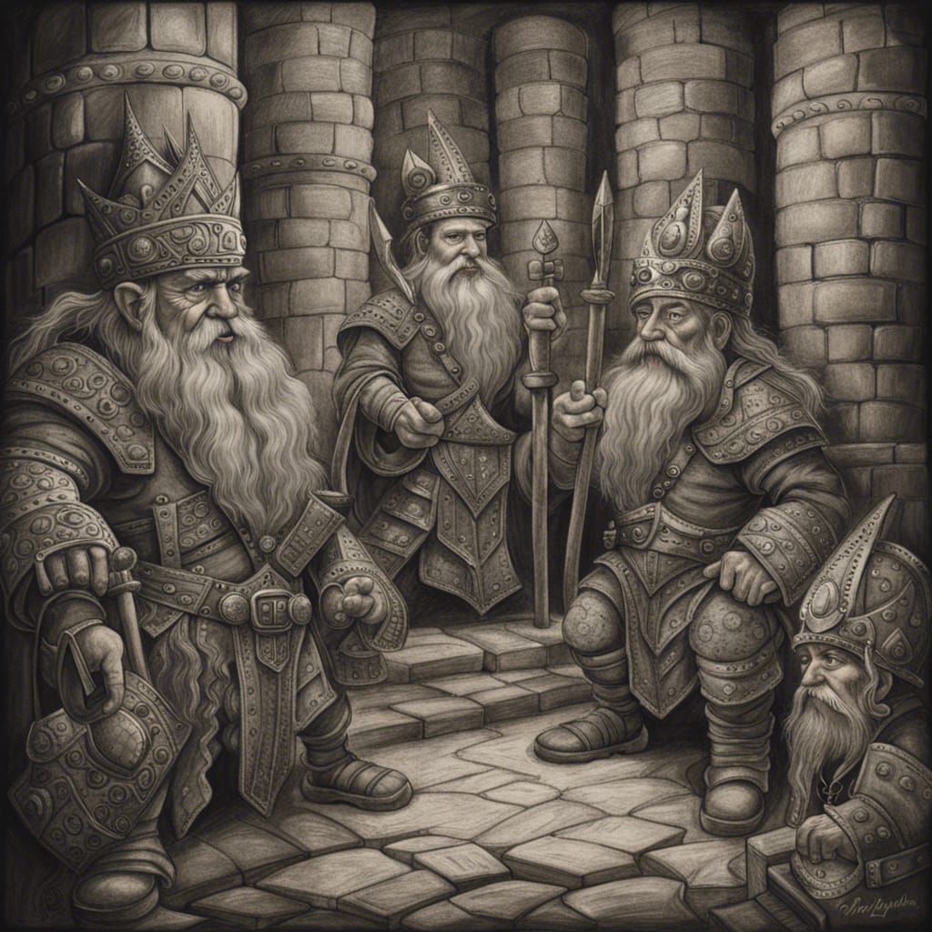 Noble Dwarves in Stone Citadel: Charcoal Drawing