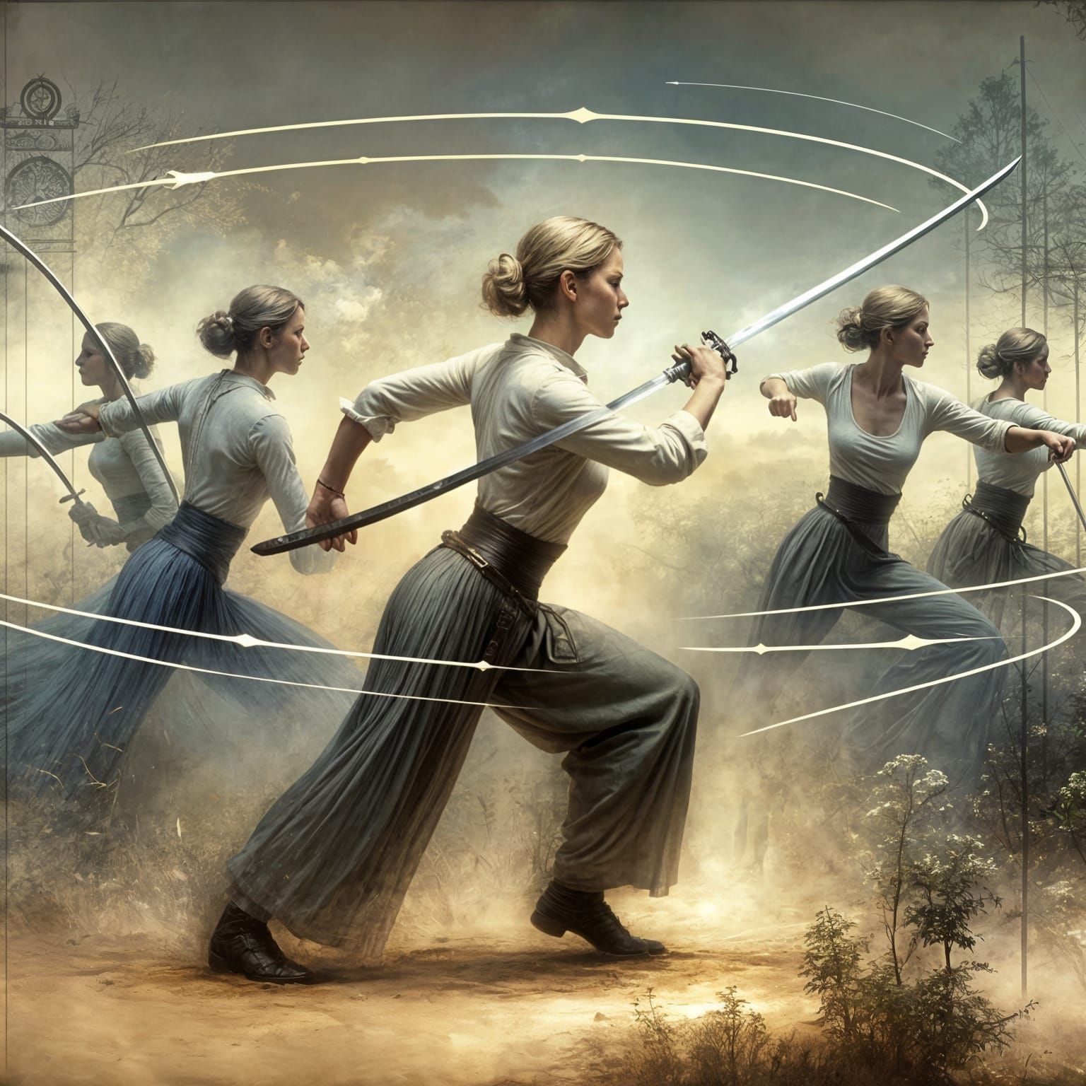 Elegant Sword Practice in Ethereal Landscape