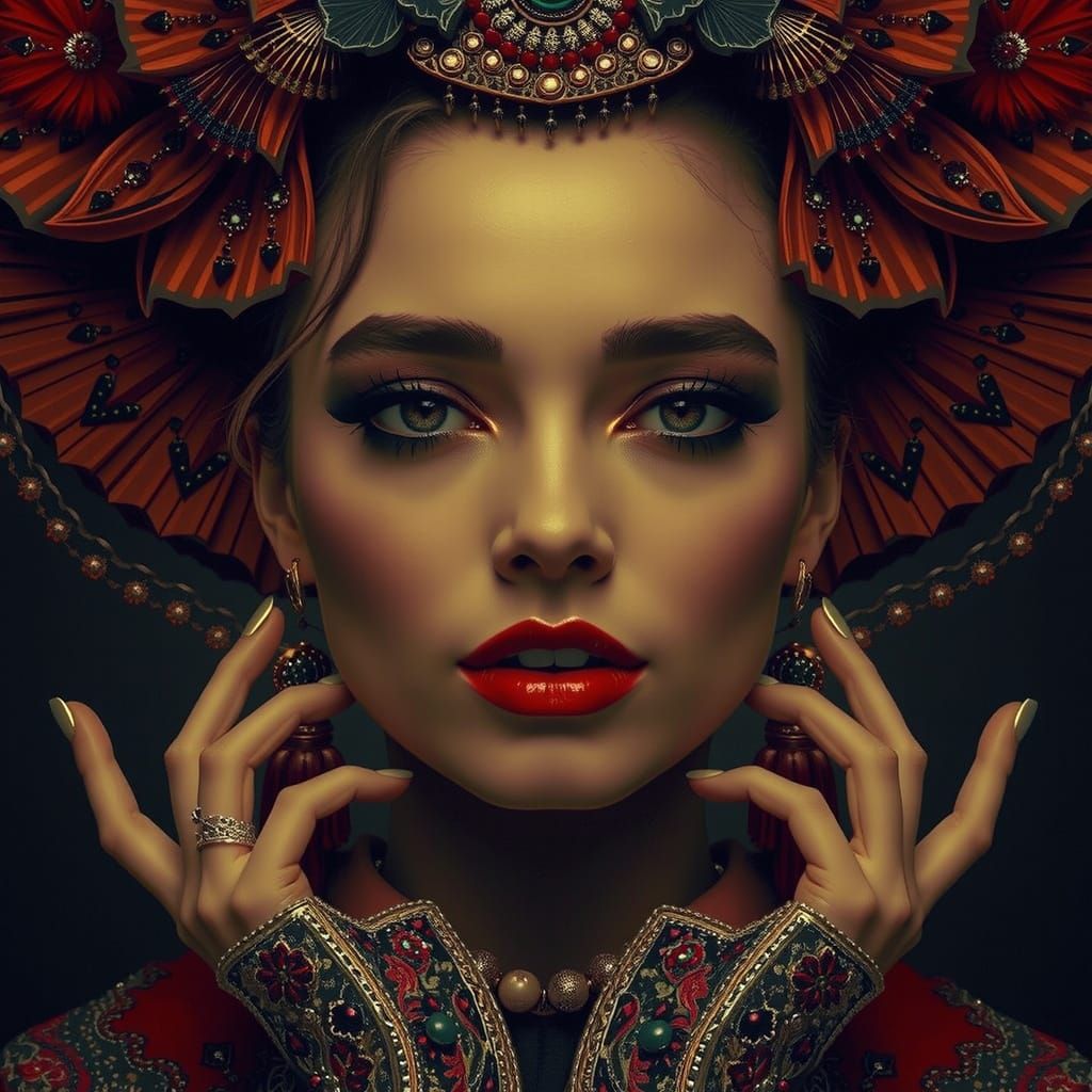 Black and White Portrait of Woman with Crimson Streak