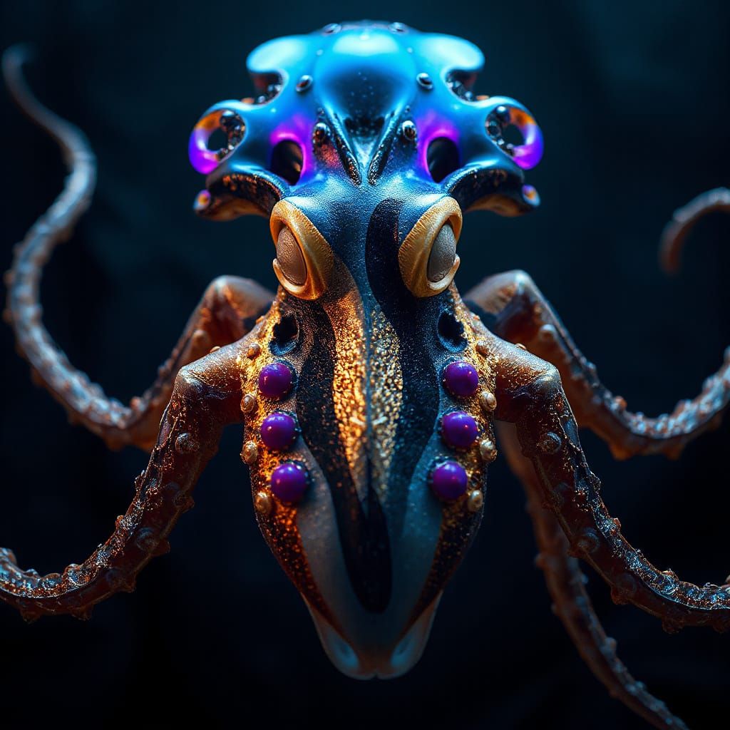 Luminous Fractal Squid Portrait in Maximalist Digital Art