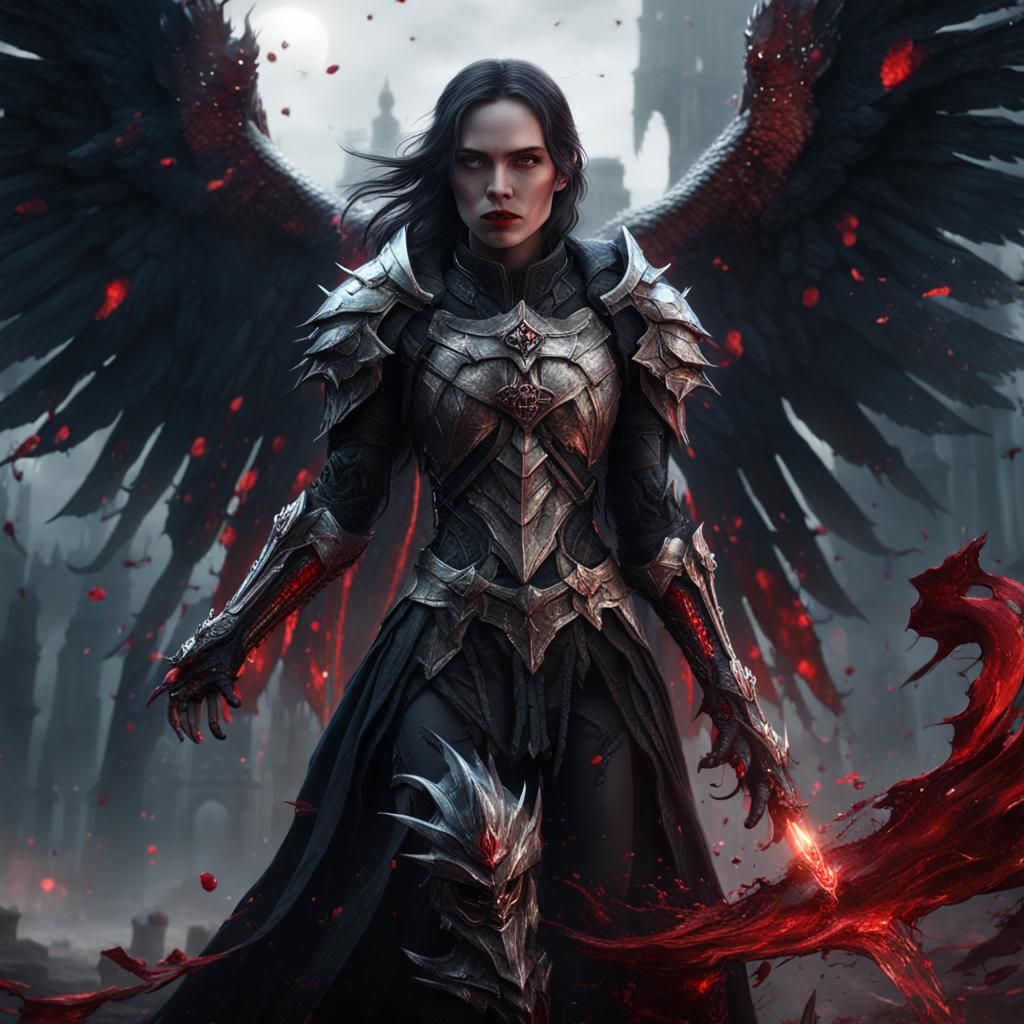 Gothic Woman with Bloody Angel Wings in Silver Armor
