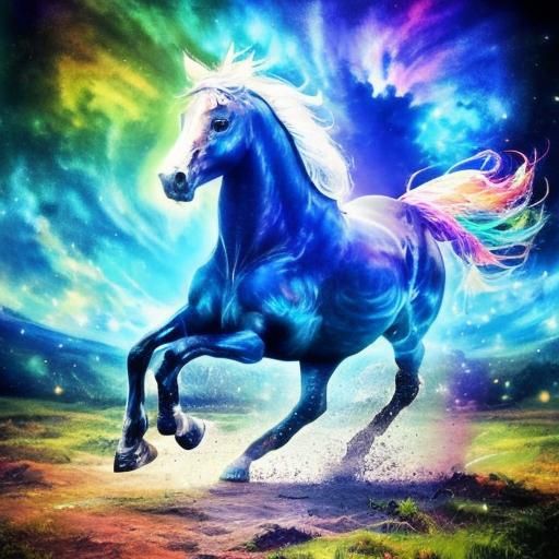 Hyperrealistic Horse Running Through a Colorful Sky