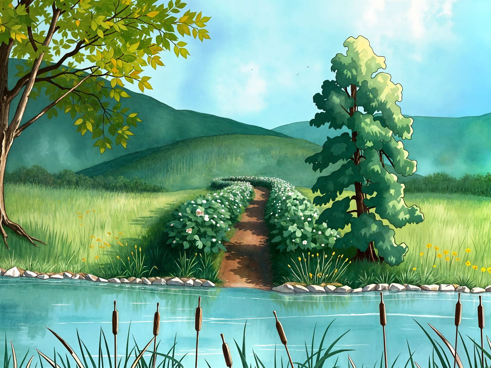 Impressionistic Watercolor of a Streamside Path