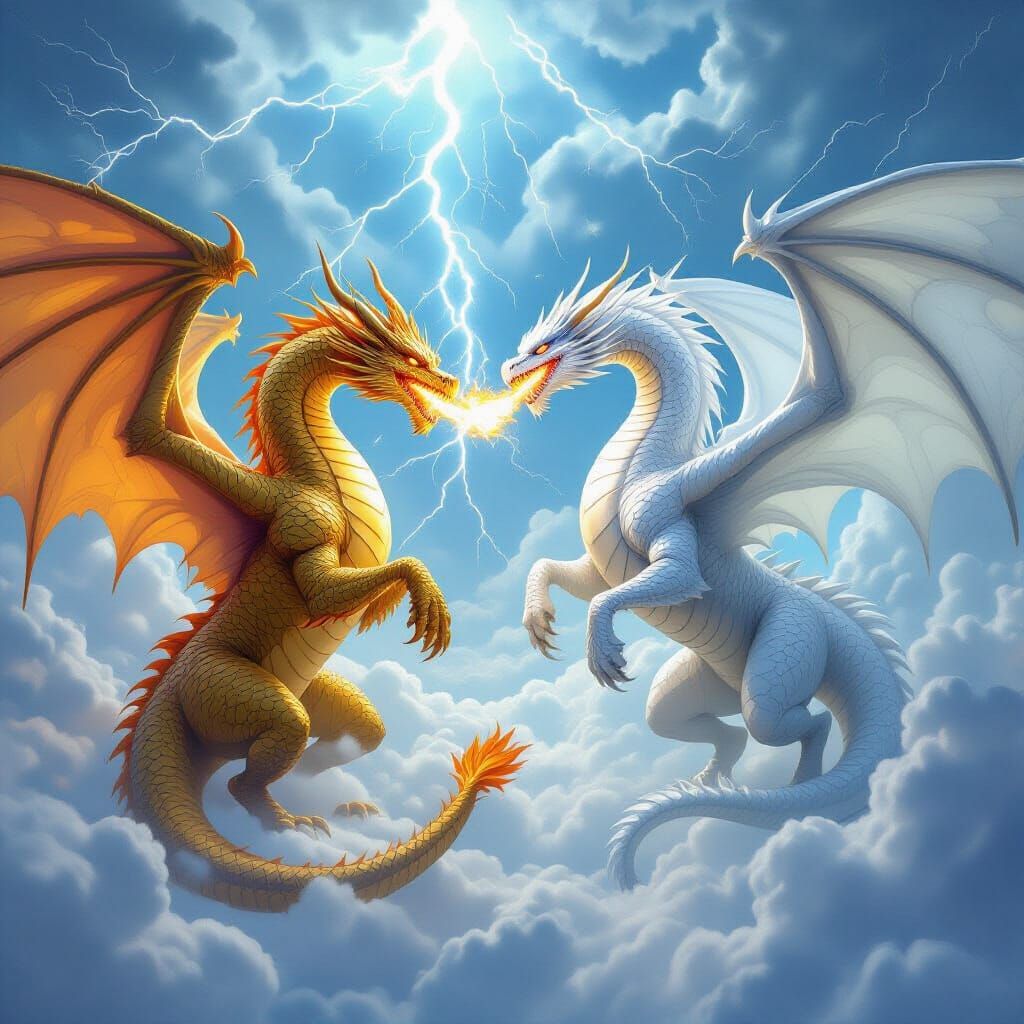 Epic Dragon Battle in the Clouds: A Fantasy Art Spectacle