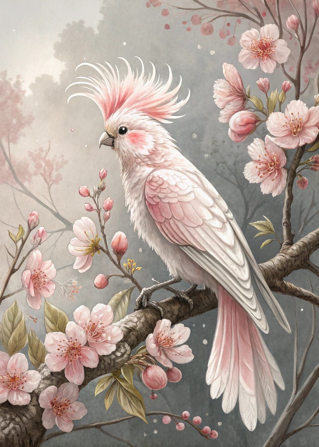 Bird Perched Amidst Cherry Blossoms in an Elegant, Whimsical...