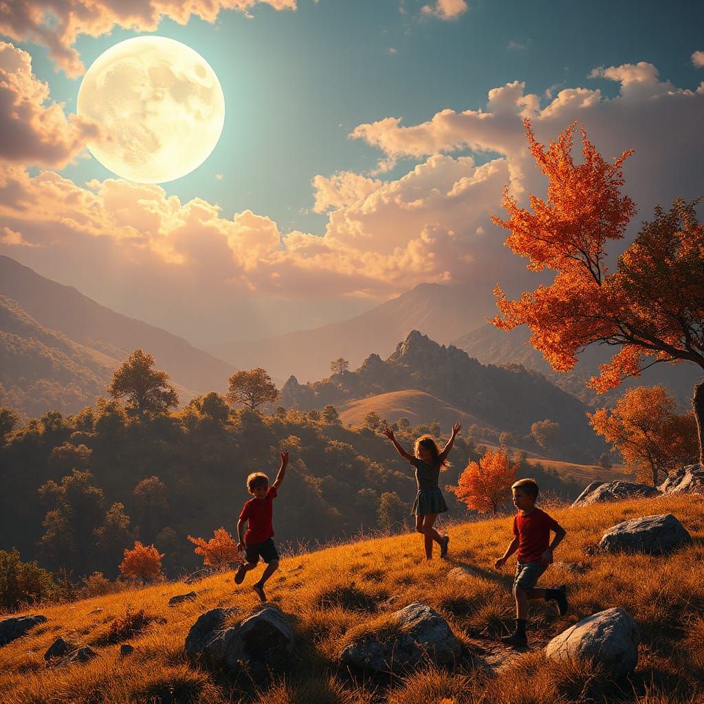 Children Playing in Lush Valley Under Ethereal Full Moon