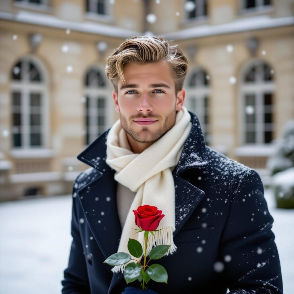 Romantic Construction Worker in Snowy Chateau