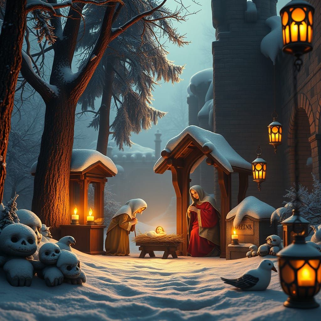 Majestic Christmas Nativity Scene in Cyberpunk Hyper-Realism