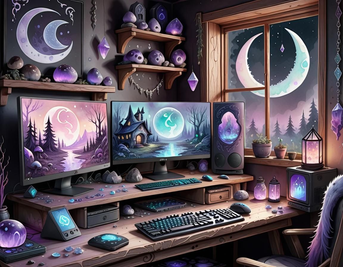 Vibrant Pagan Gaming Setup in Watercolor Style