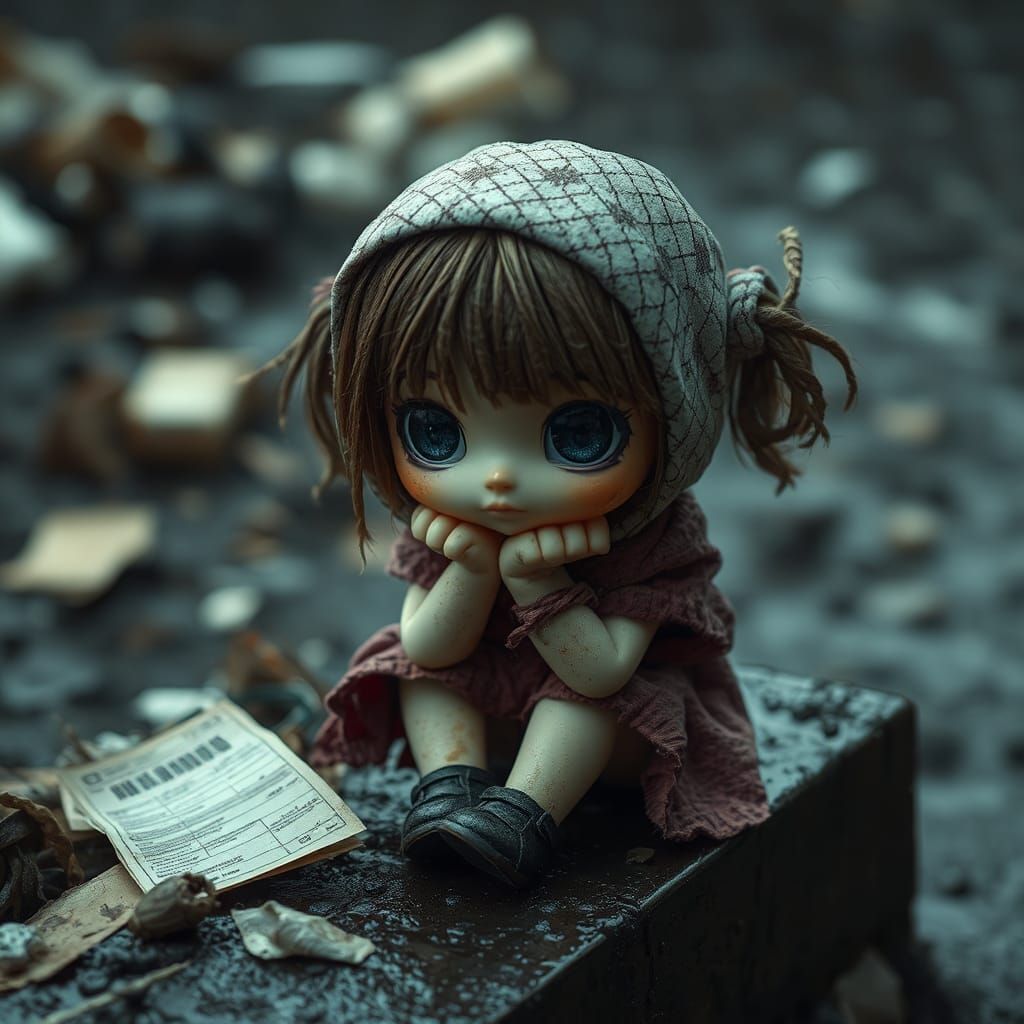 Despairing Chibi Doll in Rainy Slums: Cinematic Still