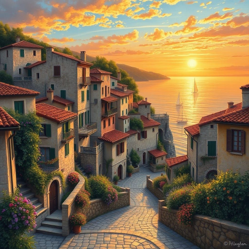 Italian Coastal Village Sunset in Impressionist Style
