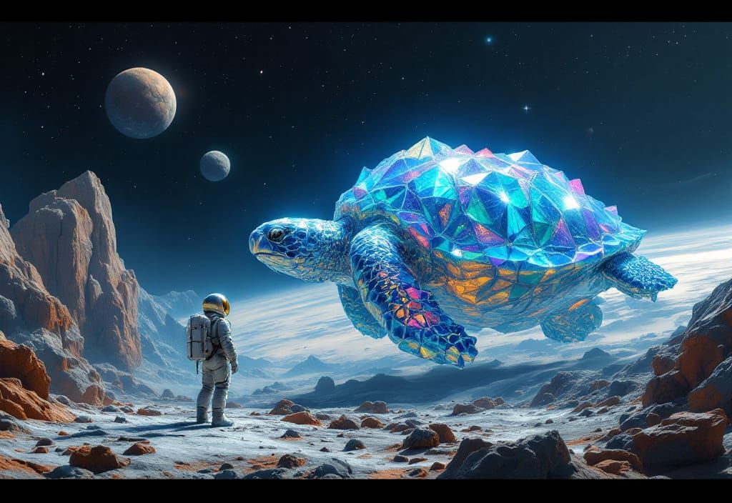 Bismuth Turtle Floats Past Astronaut in Space