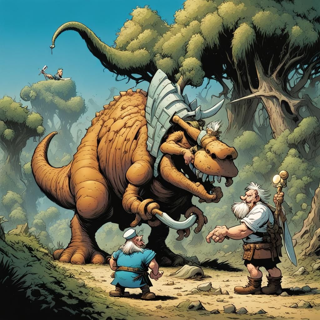 Asterix and Obelix Meet a Dinosaur in Comic Style