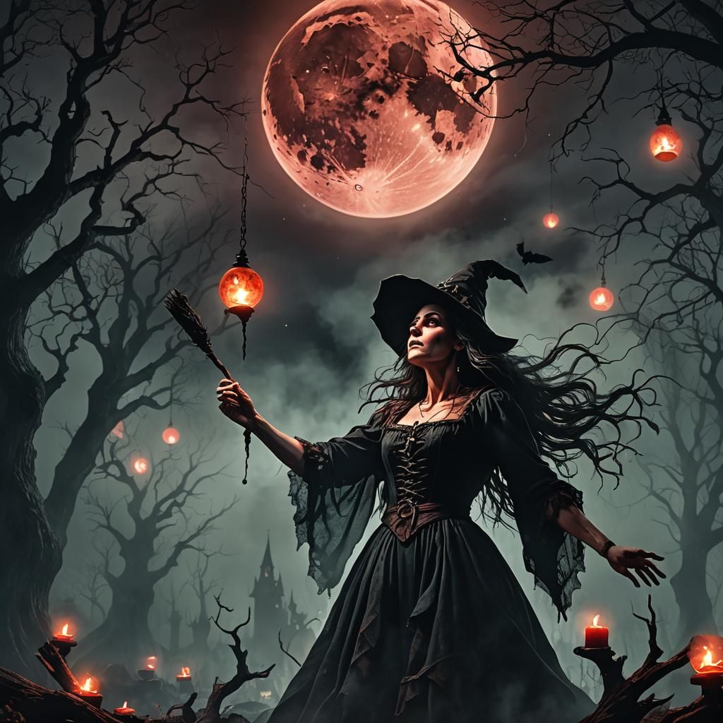 Witch Casting Spell Under Blood Moon in Dark Fantasy