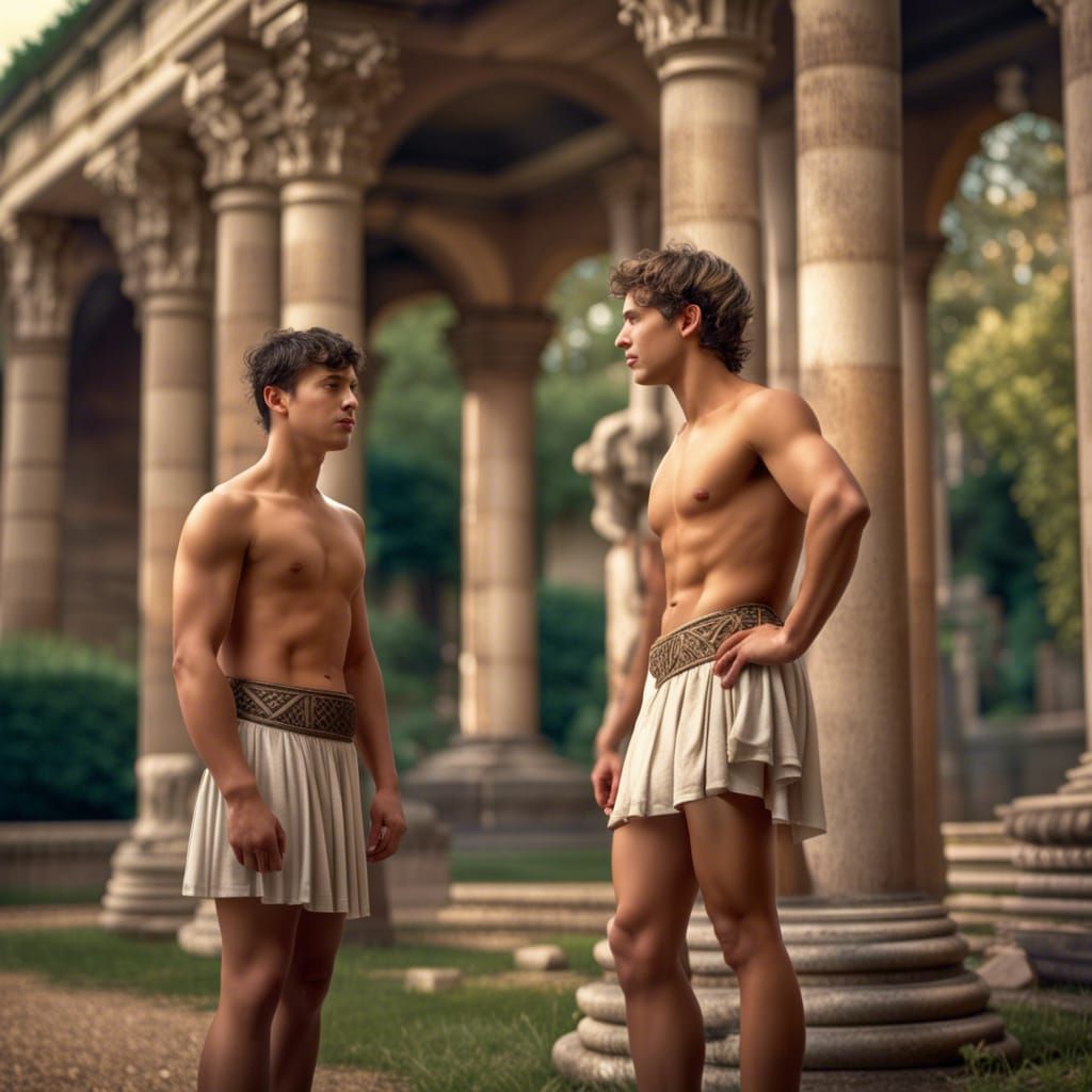 Roman Teens Tossing Discus in Ancient Garden