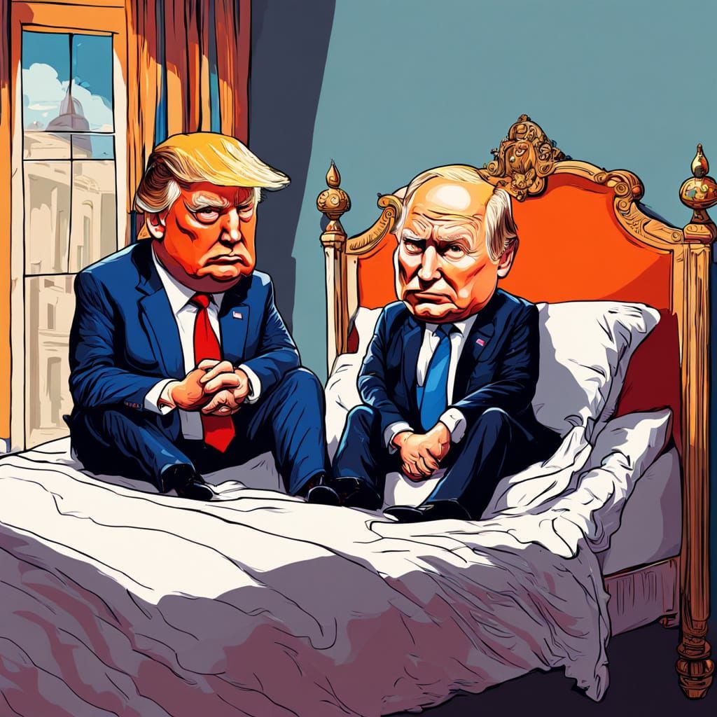 Satirical Caricature: Trump and Putin in Bed