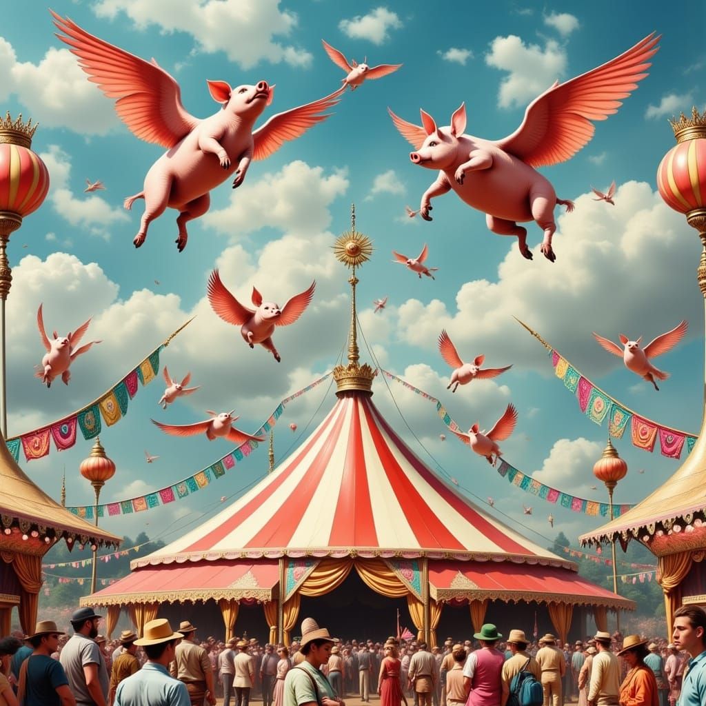 Mystical Flying Pigs Soar Over a Vibrant Circus Scene