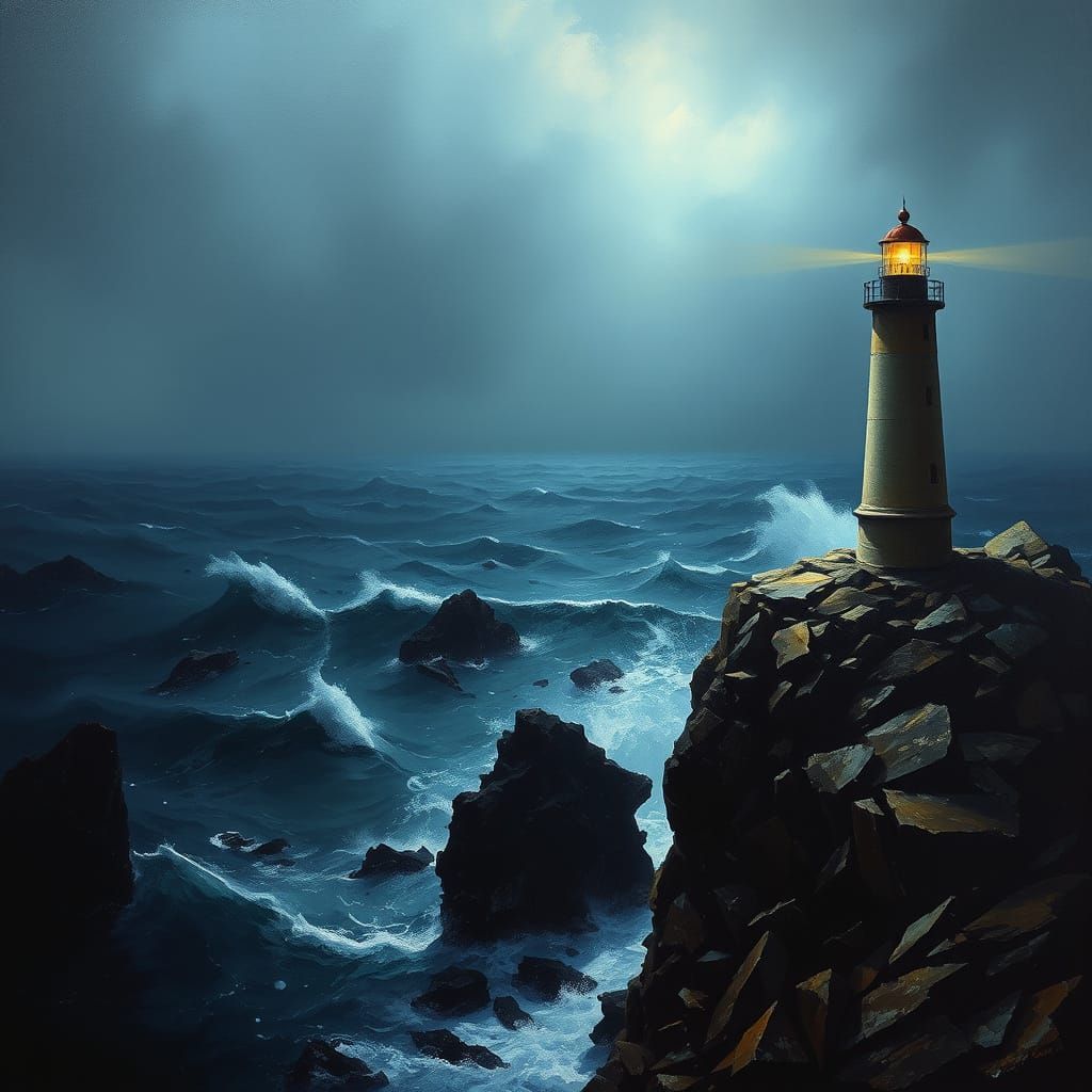 A solitary lighthouse keeper on a stormy, craggy coast, illu...