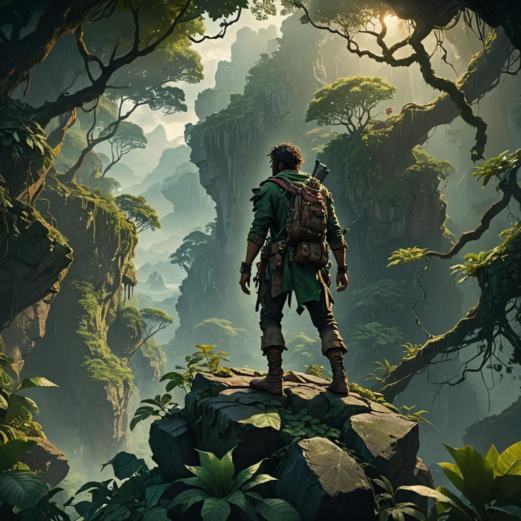 Adventurer Gazing at Endless Jungle, Matte Painting