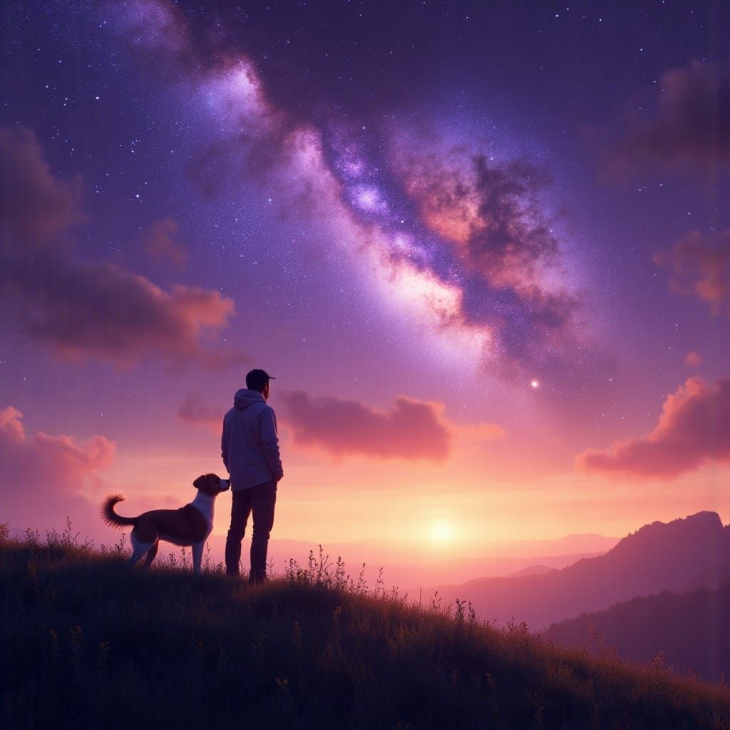 Man and Dog Gazing at Colorful Starry Sky