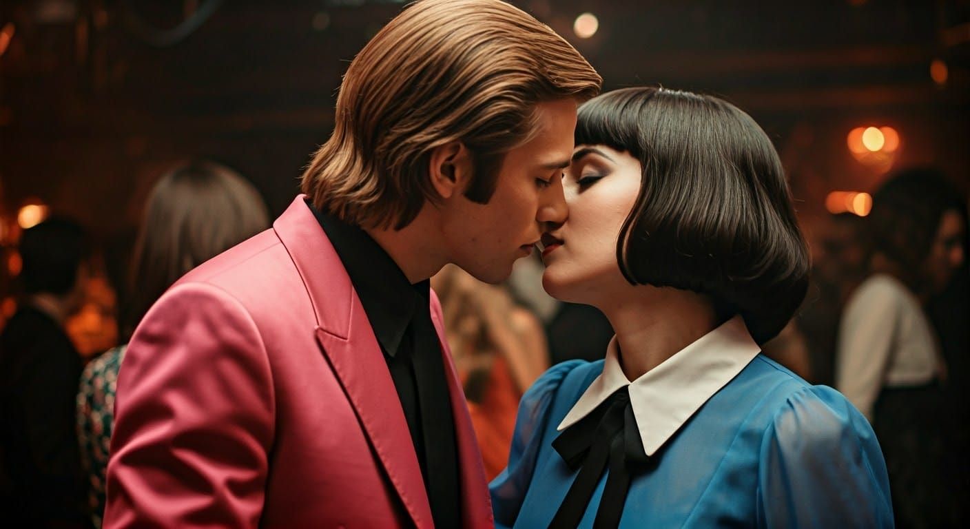 Confident Couple Embracing in 1970s Nightclub