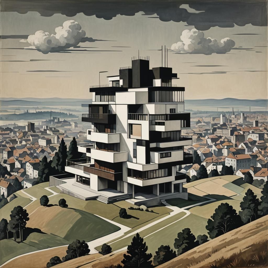 Bauhaus Mansion Overlooking Distant City